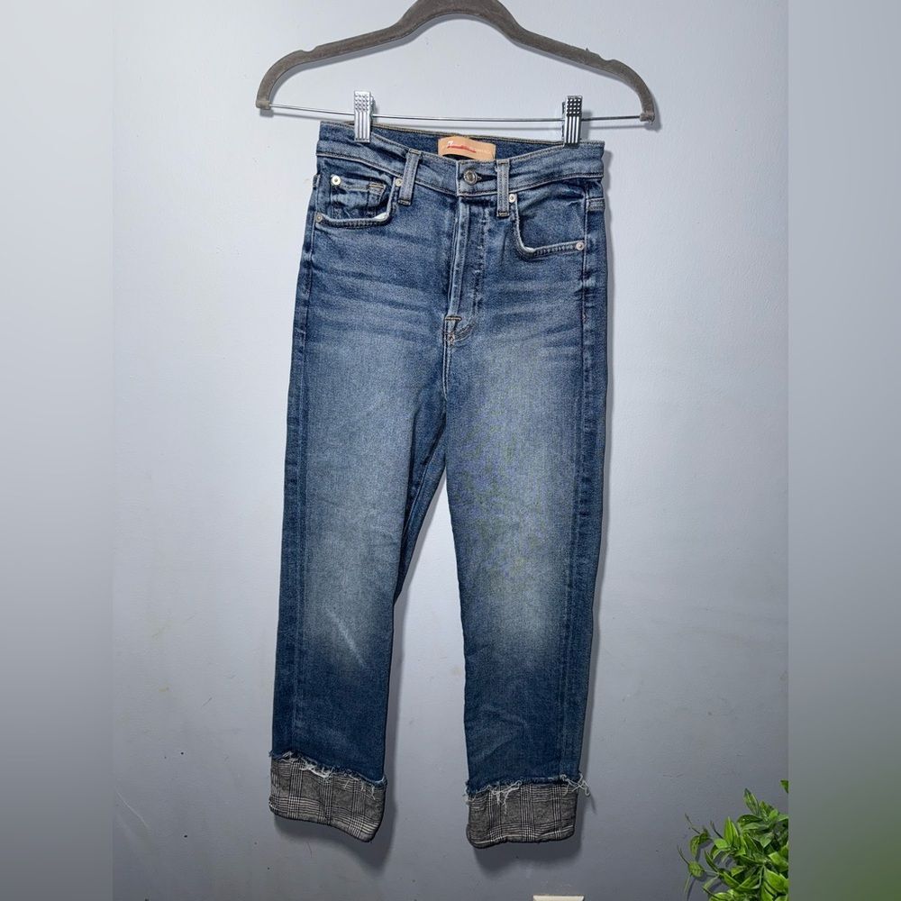 7 for all Mankind Luxe Vintage Plaid Cuffed Straight Jeans size 25 EUC holiday